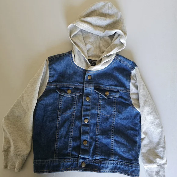 Kids Denim Hooded Jacket - Blue and Light Gray - Picture 4 of 16